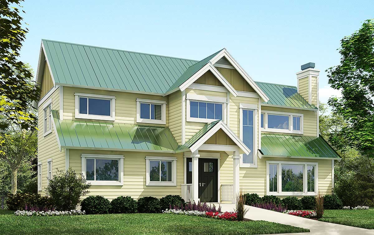 Two-story house plan exterior with a prominent gabled roof, green metal roof, and a covered front entrance with columns.