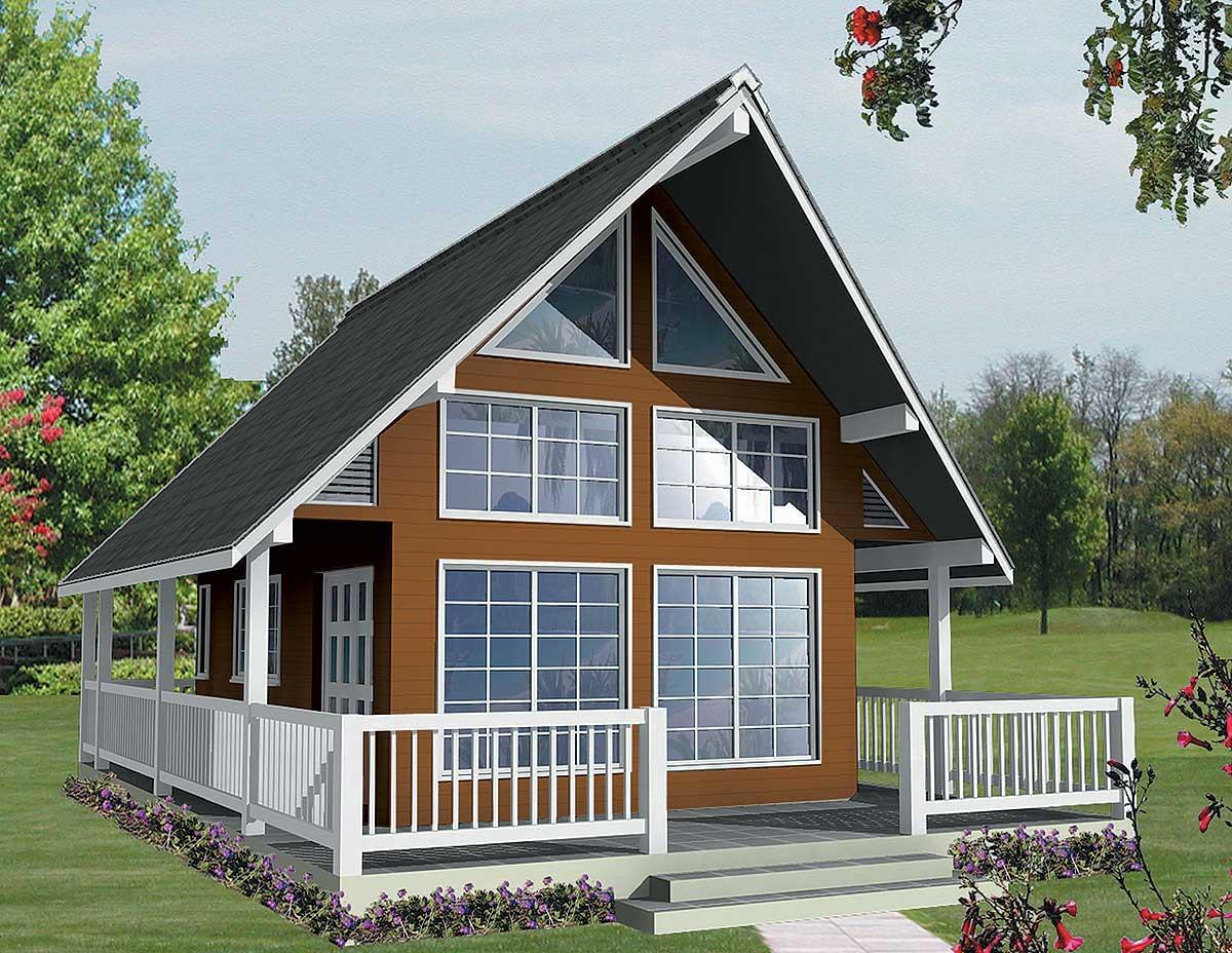 House plan exterior showing a two-story house with a prominent gable roof, wraparound porch, and large windows.