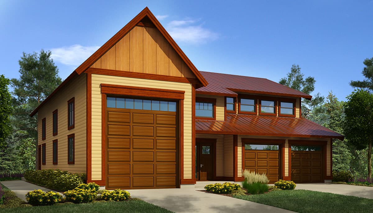 House plan exterior, two stories, with a prominent gable, tan siding, wood trim, and multiple garage doors.