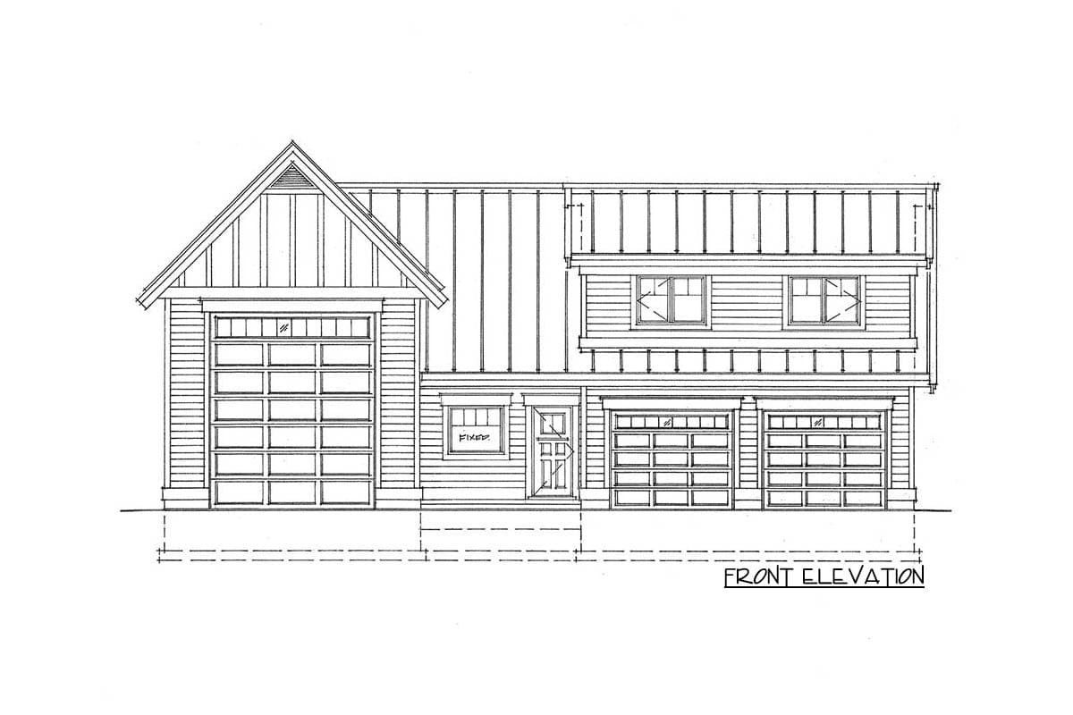 Front elevation house plan with a gable, metal roof, one single garage, and two double garages.