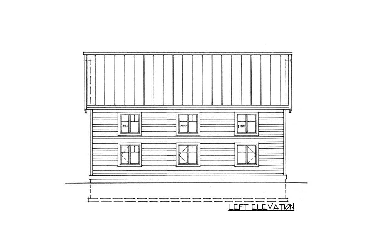 House plan left elevation drawing showing a two-story facade with horizontal siding and six windows.