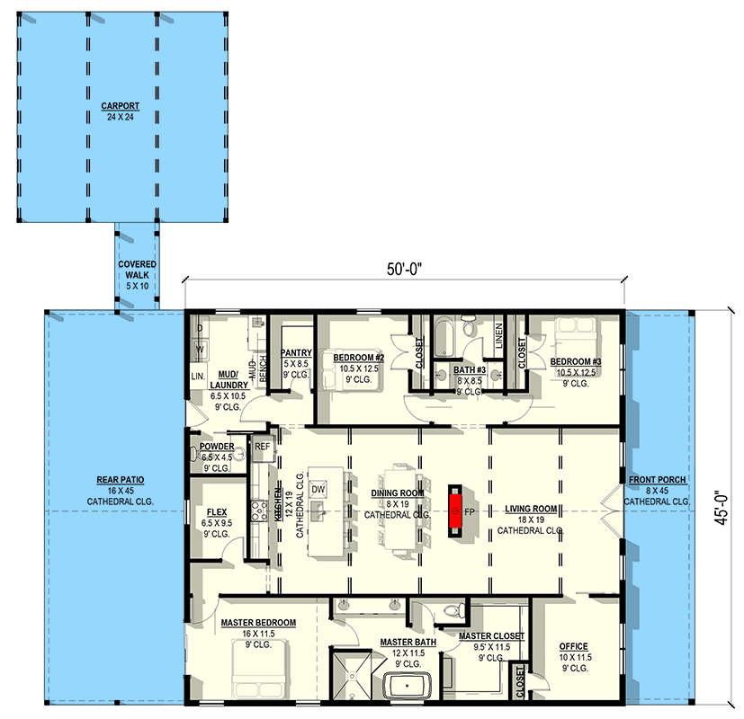 Plan 405137FDC: Modern Barndominium House Plan with 3 Beds and 2-Car Carport - Floor Plan - Image #7 - Barndominium, Modern Farmhouse