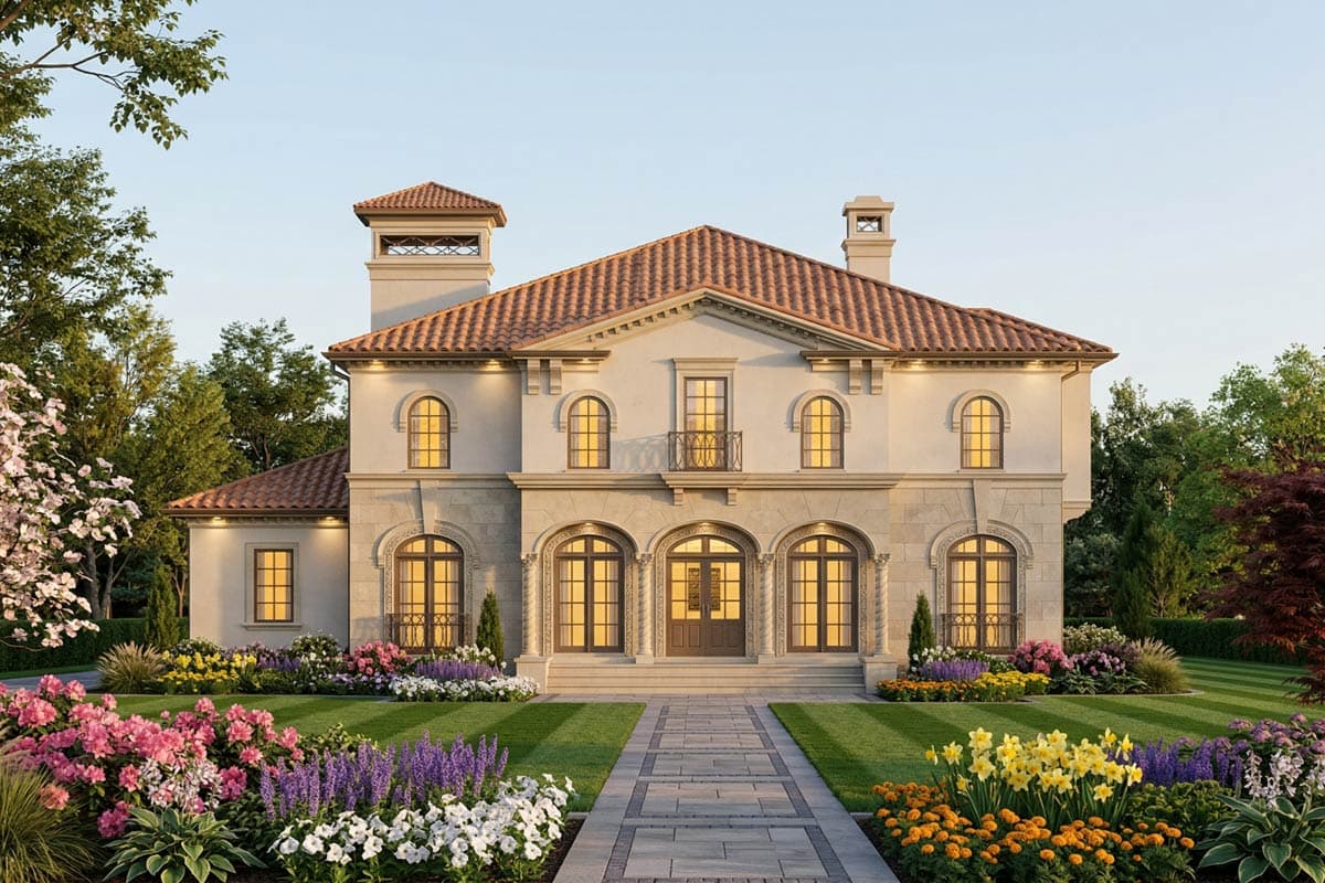 House plan exterior: Two-story Italianate style with arched windows, arcaded entrance, and tile roof.