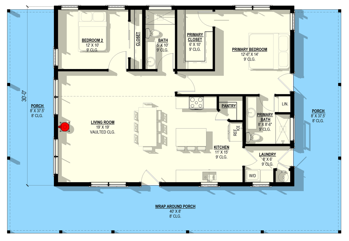 Plan 405138FDC: Barndominium House Plan with Wrap Around Porch and Vaulted Living - Floor Plan - Image #8 - Barndominium, Farmhouse