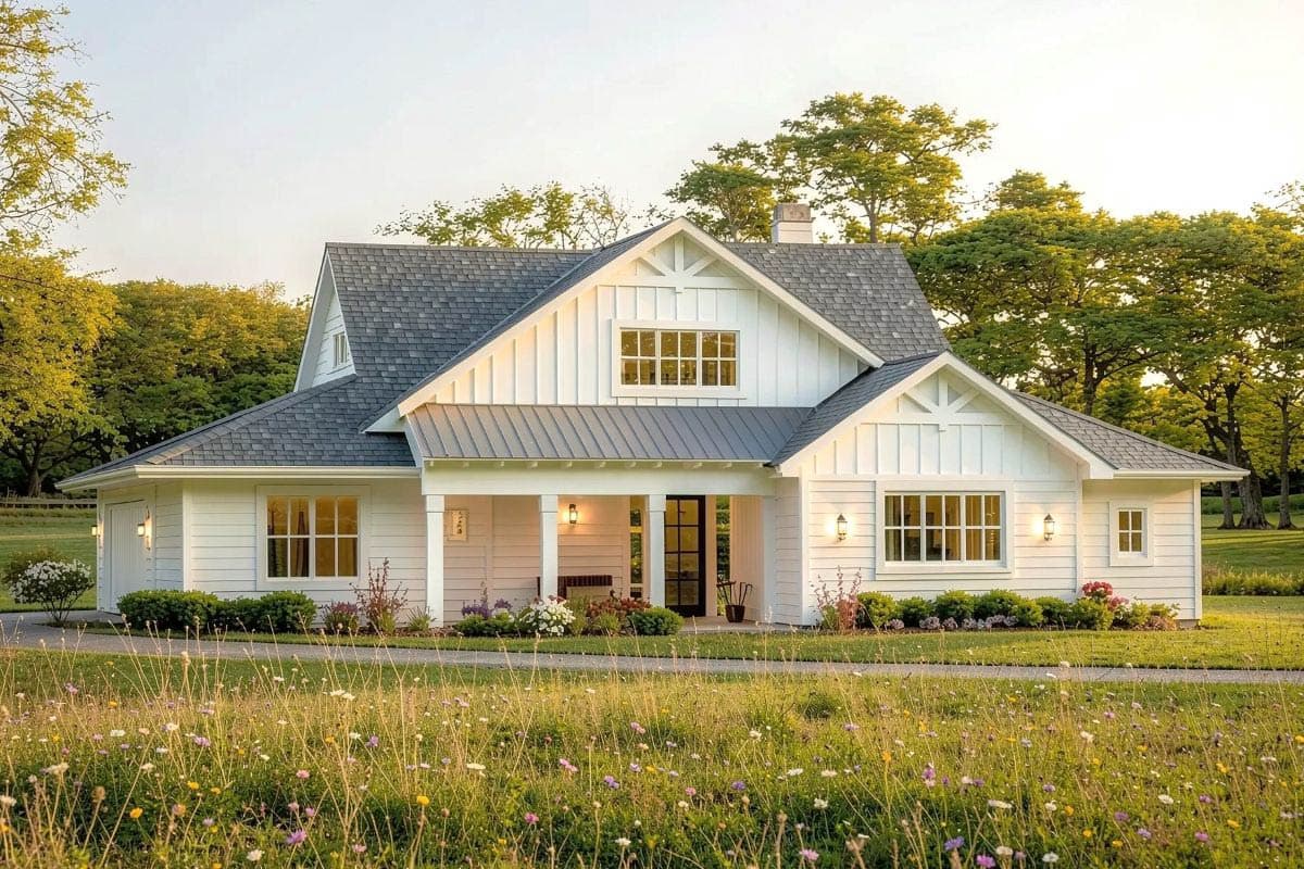 A white farmhouse with a dark gray roof sits on a large, green lawn. The house has a porch, multiple windows, and is surrounded by trees.
