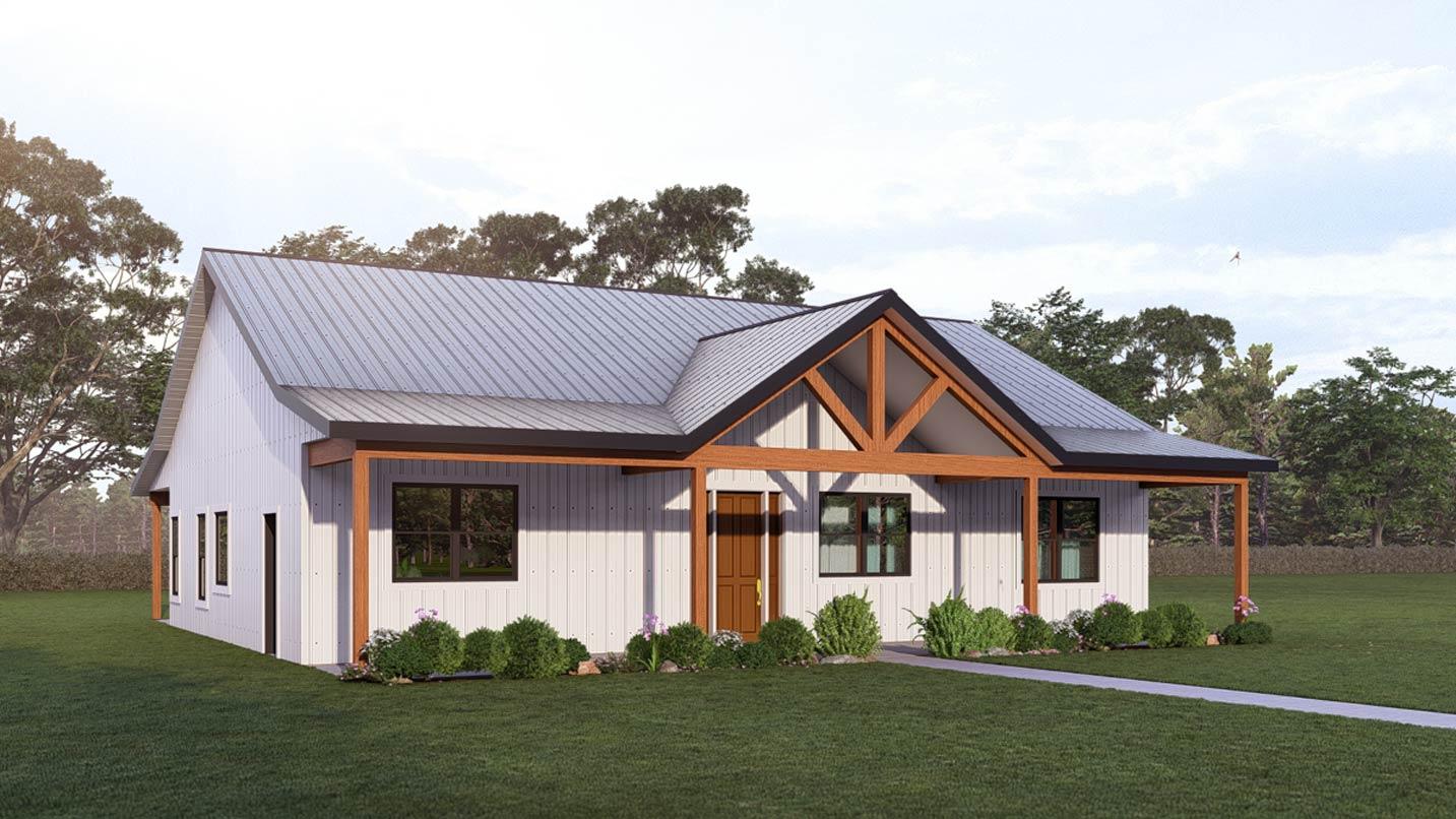 Plan 405142FDC: Three Bedroom Barndominium House Plan with Vaulted Living - Image #3 - Barndominium, Farmhouse