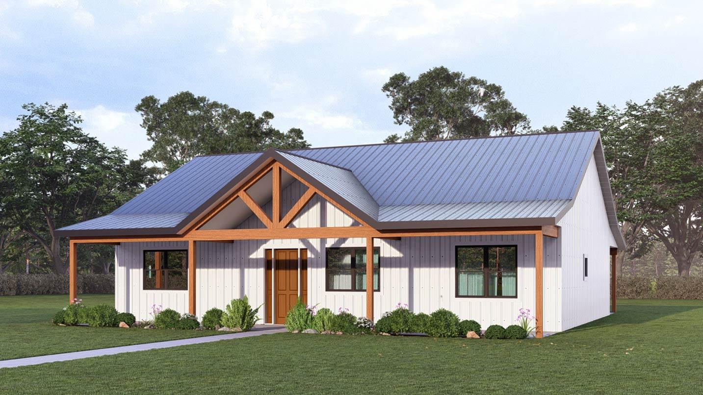 Plan 405142FDC: Three Bedroom Barndominium House Plan with Vaulted Living - Image #2 - Barndominium, Farmhouse