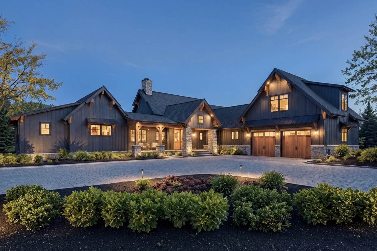 House plan exterior: Modern farmhouse style with multiple gables, stone foundation, vertical siding, and a covered front entrance.