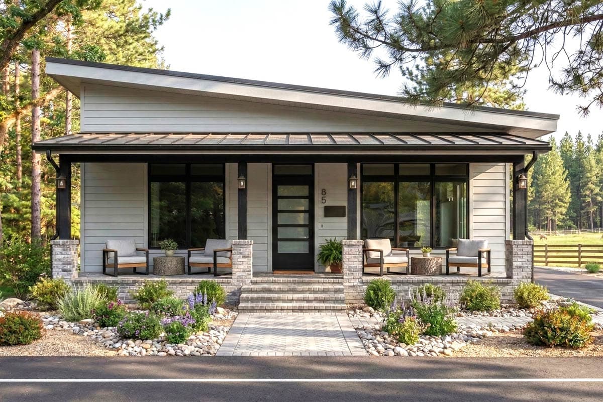 Modern Contemporary House Plan with 2 Beds and Front and Rear Covered Porch