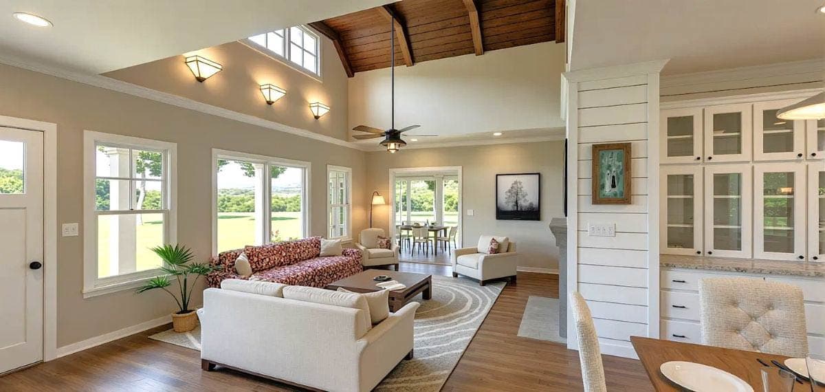 Great room with vaulted ceiling, exposed beams, large windows, fireplace, and adjacent dining area.