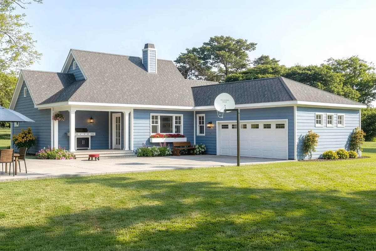 House plan exterior: Modern Farmhouse style, single story, with covered porch, outdoor kitchen, and attached three-car garage.