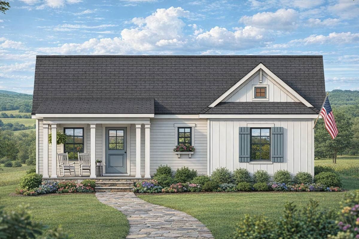 Plan 54050LK: Charming 2-Bedroom Farmhouse Plan with 779 Sq. Ft. and Welcoming Front Porch - Image #5 - Cabin, Cottage, Country, Ranch, Traditional
