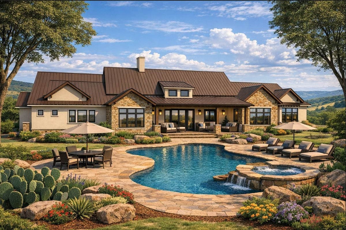 Plan 54049LK: Expansive Hill Country Farmhouse House Plan with 3 Bedrooms and Versatile Spaces - Image #2 - Farmhouse, Hill Country