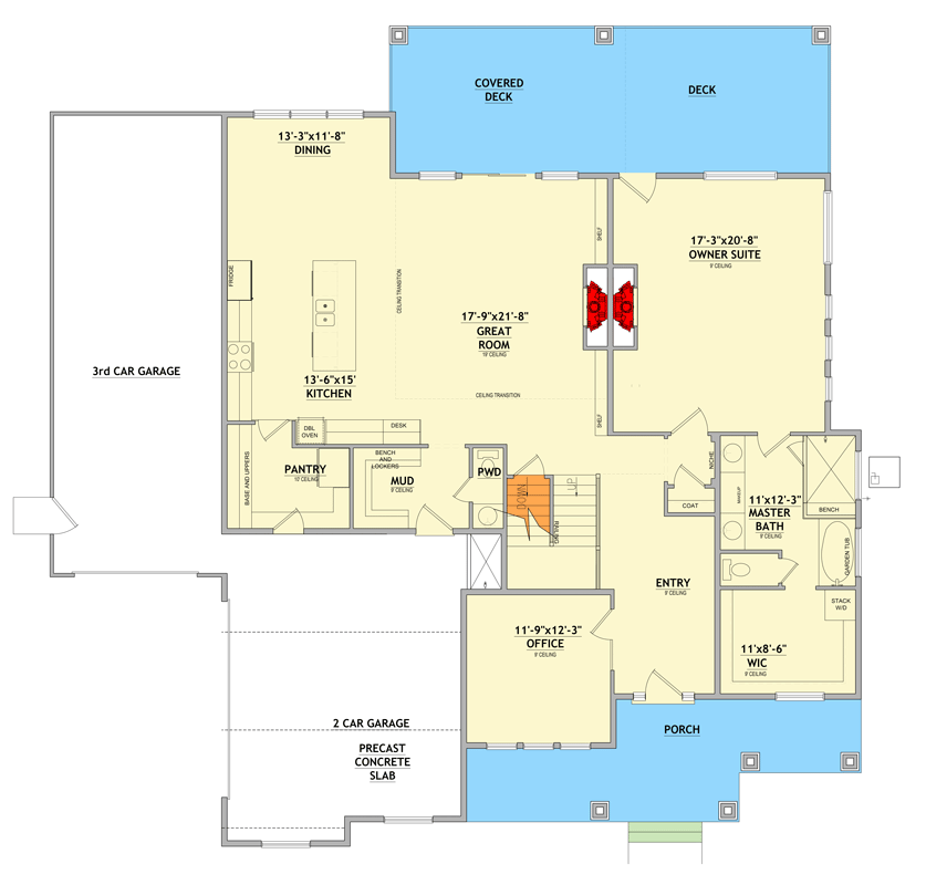 Plan 849074PGE: Modern Farmhouse House Plan with 5 Bedrooms, 3-Car Garage, and Walkout Basement - Floor Plan - Main Floor - Farmhouse, Modern Farmhouse, New American, Traditional