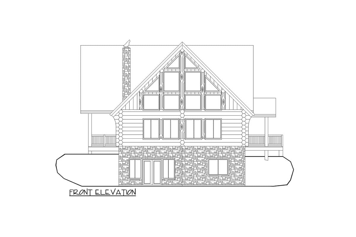 Front elevation of a log house plan with a stone base, multiple windows, and a prominent gabled roof with dormers.