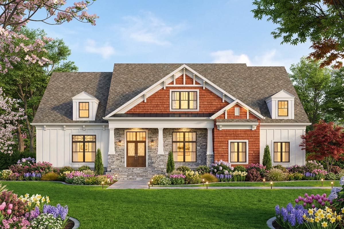 House plan exterior: Two-story home with stone accents, prominent gable with exposed rafter tails, and covered porch with columns.