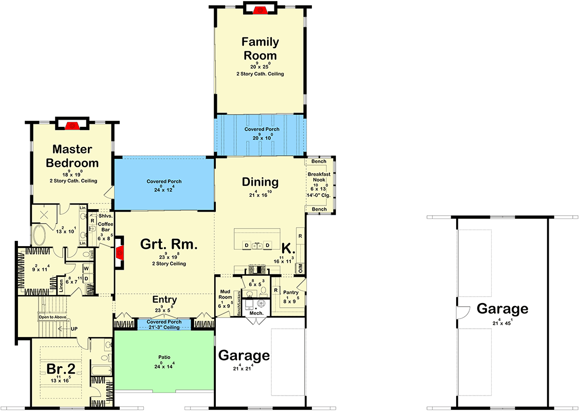 Plan 623635DJ: Grand Coastal Contemporary House Plan with 6 Bedrooms and Two-Story Great Room - Floor Plan - Main Level - Coastal Contemporary, Contemporary, European, Florida-Style, Modern