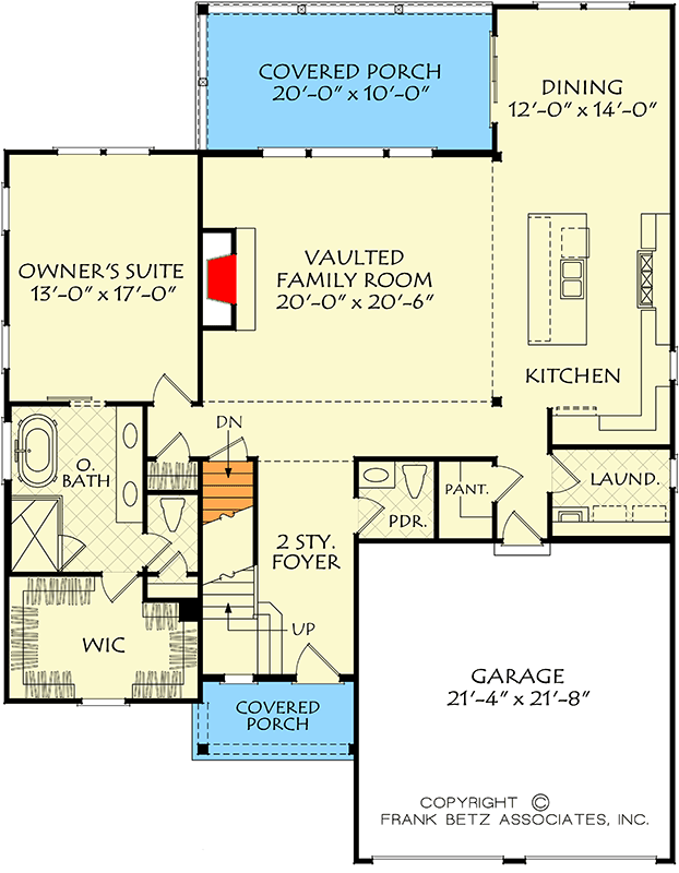 Plan 710449BTZ: Traditional Cottage House Plan with 3 Beds, Bonus Room, and Vaulted Family Room - Floor Plan - Main Floor - Cottage, Craftsman, European, Traditional