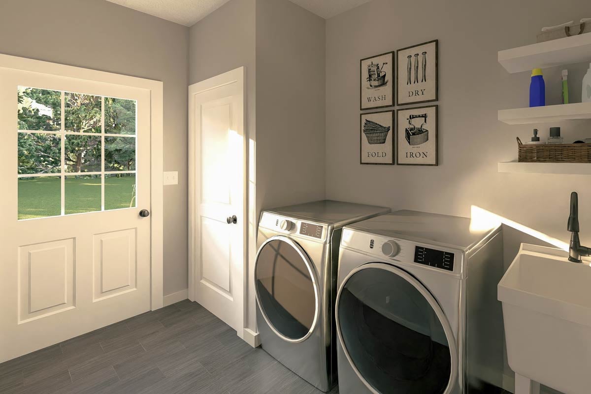 2-Bed Cottage Plan with Open Living Area and Two Laundry Options ...