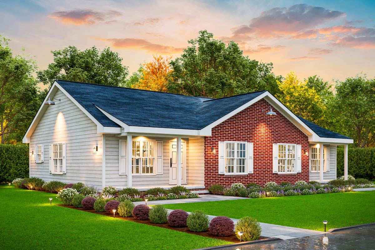 2-Bed Traditional-Style Duplex House Plan with Covered Porches - 985 Sq ...
