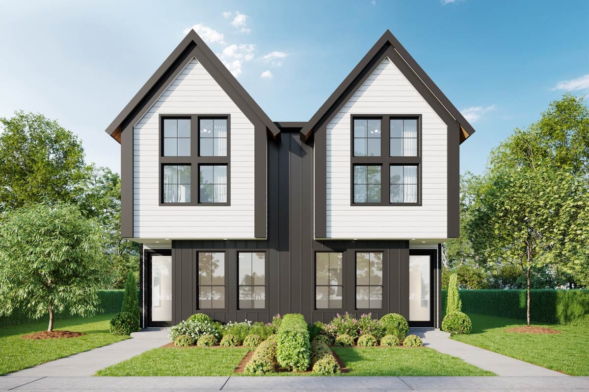 Two-Story Contemporary Duplex House Plan with 2-Bed Units - 947 Sq Ft ...