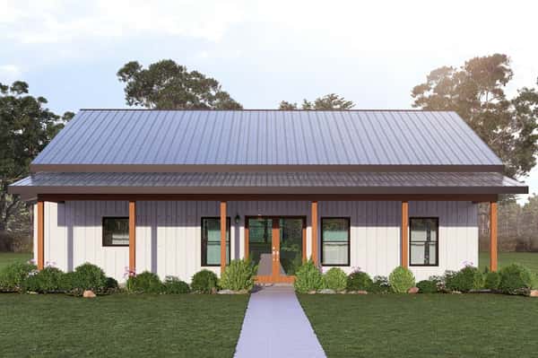 Three Bed Barndominium House Plan with Large Covered Patio