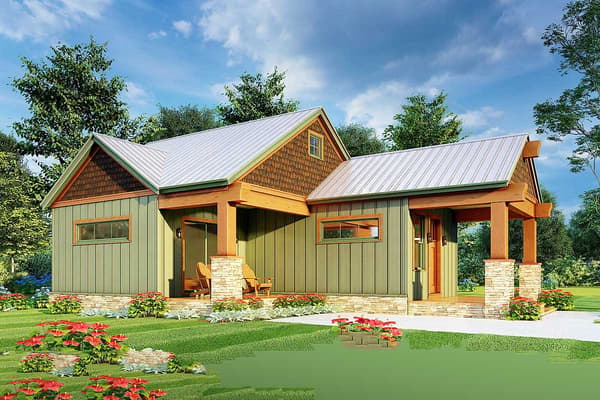 2-Bed Rustic Cabin Plan with 2 Porches