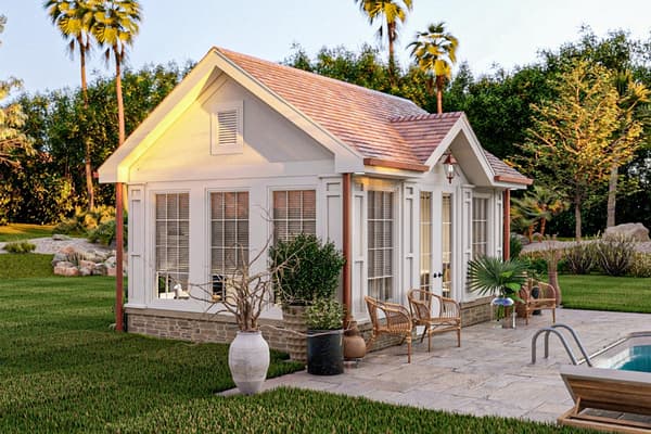 Backyard Office or Pool House Plan with Cottage Styling