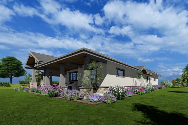 3-Bed Rustic Ranch Plan with Exposed Beams Defining the Living Spaces