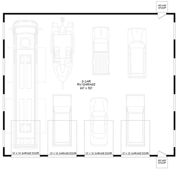 RV Plus 3 Tandem Park Bays Garage Plan - 3000 Square Feet