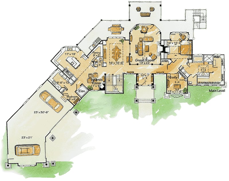 Plan 11597KN: Mountain Estate - Floor Plan - Main Level - Craftsman, Mountain, Northwest, Rustic, Vacation
