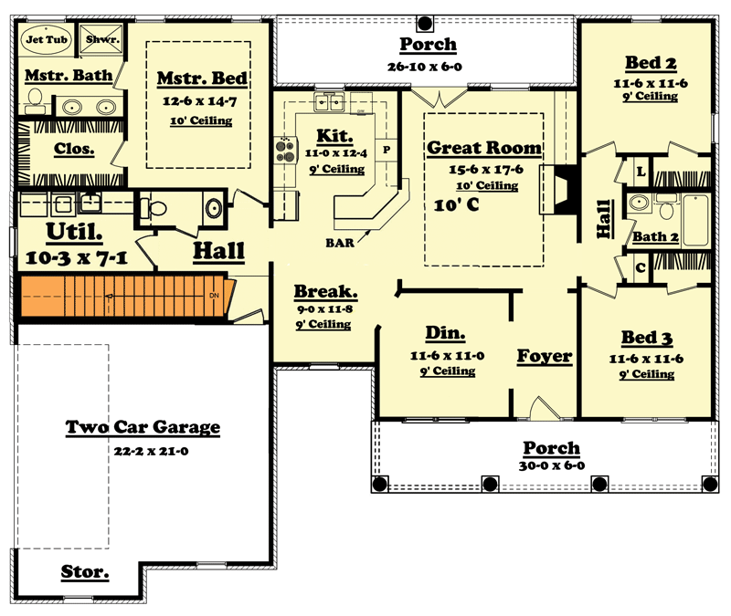 Plan 11708HZ: 3 Bedroom House Plan with Formal and Informal Dining Options - 1700 Sq Ft - Floor Plan - Main Level - Basement Stair Location - Country, Traditional