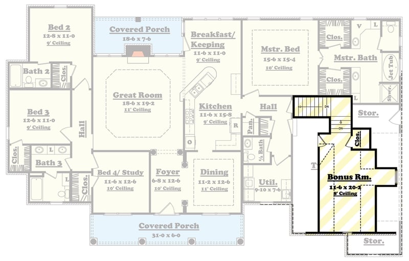 Plan 11713HZ: Grand Southern Farmhouse House Plan: 3-4 Beds, Split Layout, Bonus Room - Floor Plan - Optional Bonus Room - Country, Farmhouse, Southern, Traditional
