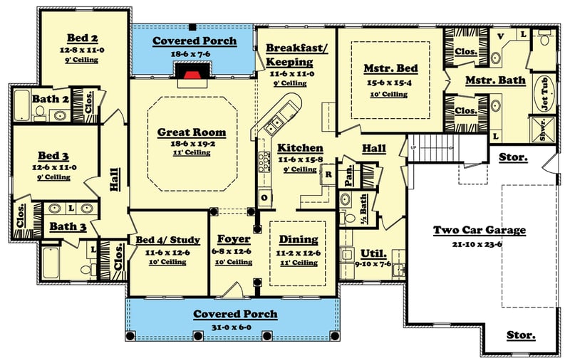 Plan 11713HZ: Grand Southern Farmhouse House Plan: 3-4 Beds, Split Layout, Bonus Room - Floor Plan - Main Level - Country, Farmhouse, Southern, Traditional