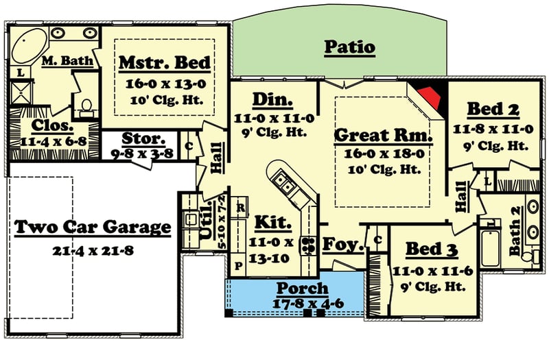 Plan 11716HZ: One Story House Plan with Three Exterior Options - Floor Plan - Main Level - Country, Traditional