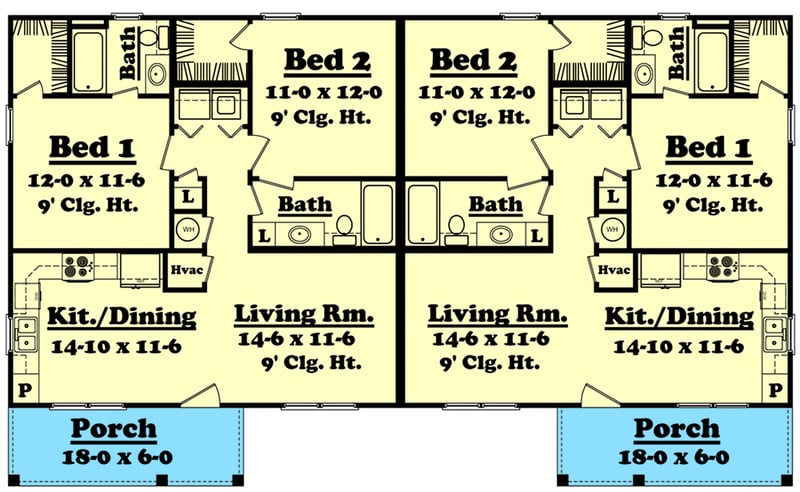 Plan 11733HZ: Well-Designed Duplex House Plan with 900 Square Foot 2-Bed Units - Floor Plan - Main Level - Ranch, Traditional