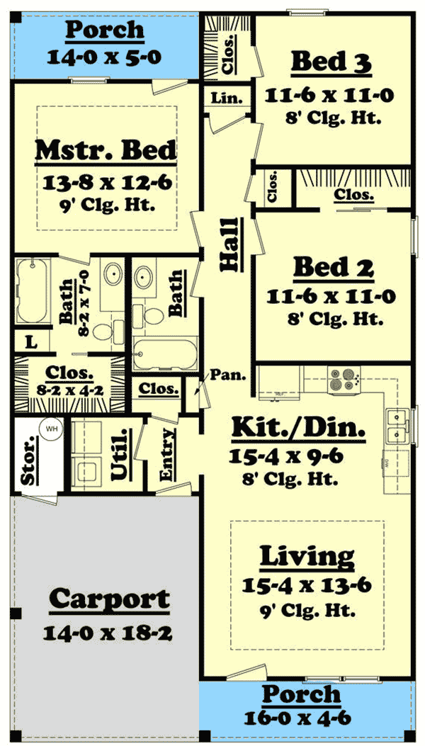 Plan 11738HZ: Charming Cottage House Plan with Carport - Floor Plan - Main Level - Bungalow, Cottage, Country