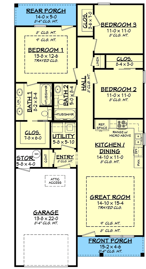 Plan 11739HZ: Narrow Lot Cottage Home Plan - Floor Plan - Main Level - Cottage, Country, Traditional