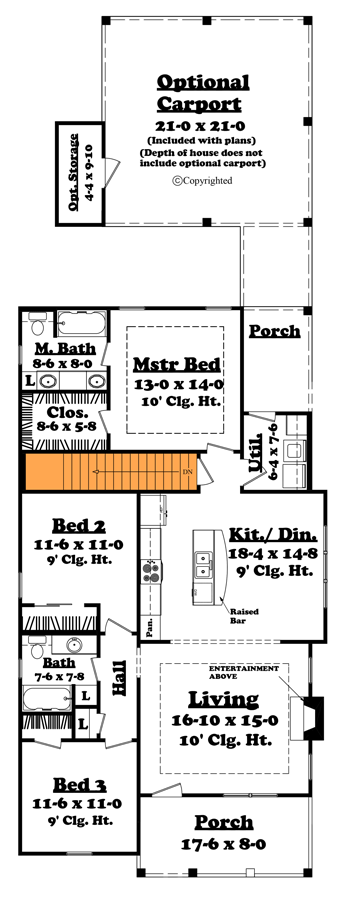 Plan 11741HZ: 1375 Square Foot 3-Bed Cottage House Plan with Optional Carport - Floor Plan - Basement Stairs Location - Cottage, Country, Northwest