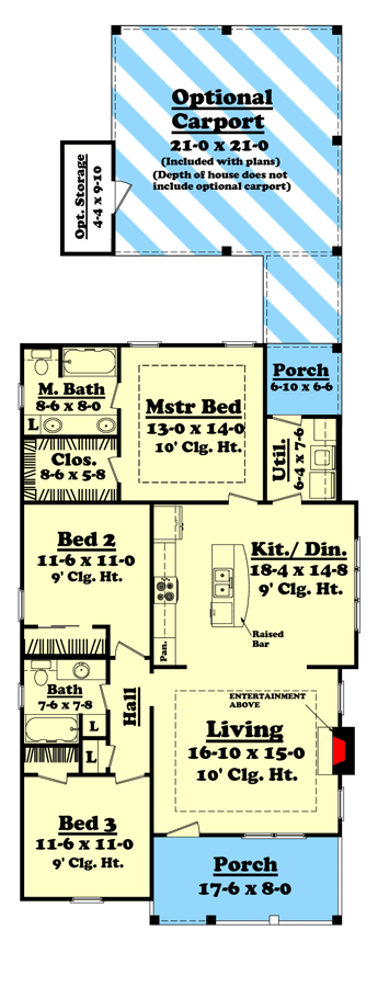 Plan 11741HZ: 1375 Square Foot 3-Bed Cottage House Plan with Optional Carport - Floor Plan - Main Level - Cottage, Country, Northwest