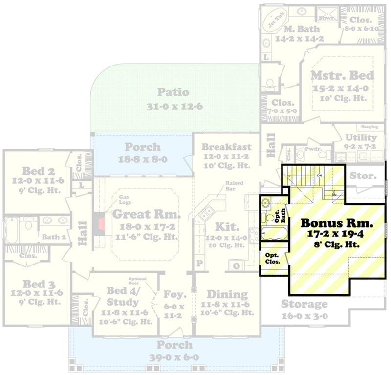 Plan 11747HZ: Traditional Country House Plan with Main Level Master and Bonus Room - Floor Plan - Bonus Above Garage - Country, Traditional