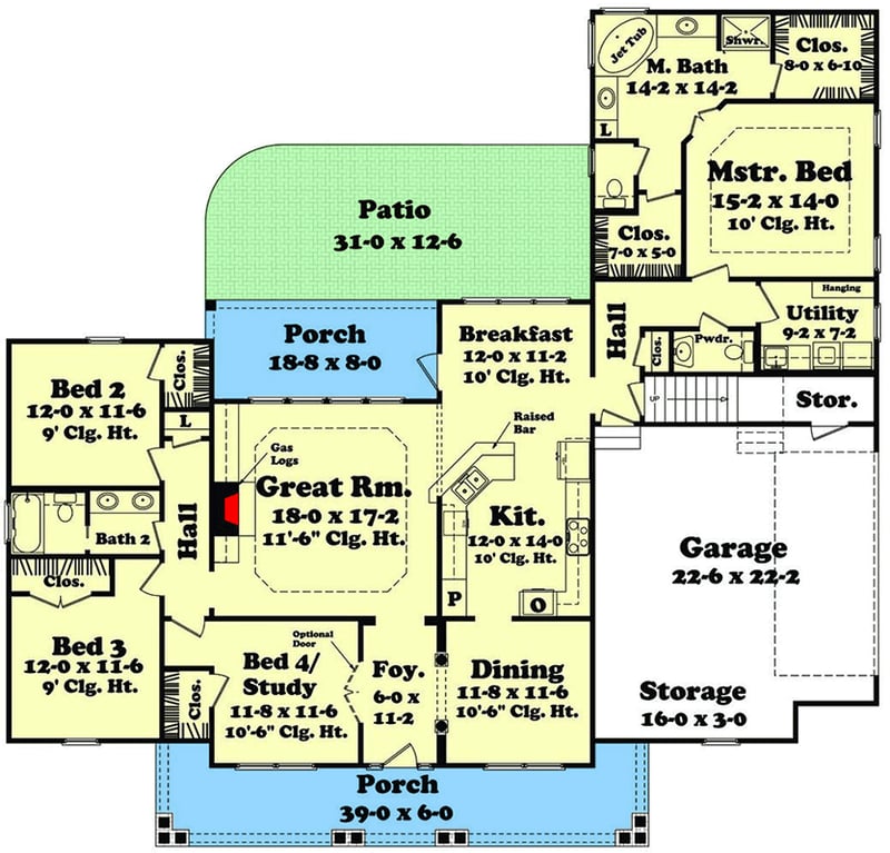 Plan 11747HZ: Traditional Country House Plan with Main Level Master and Bonus Room - Floor Plan - Main Level - Country, Traditional