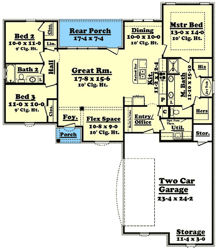 Plan 11754HZ: Four Bedroom with Split Layout - Floor Plan - Main Level - Acadian, Country, European, French Country, Louisiana-Style, Traditional