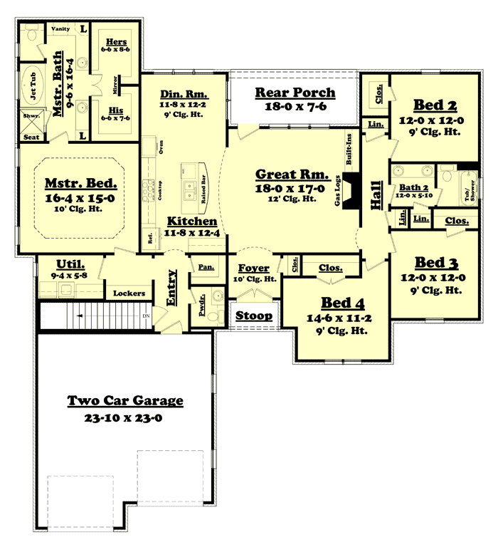 Plan 11774HZ: 4 Bedroom Split Bedroom House Plan with 2-Car Garage - 2175 Sq Ft - Floor Plan - Basement Option - European, French Country