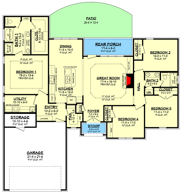 Plan 11785HZ: 4 Bedroom Traditional House Plan with Family Entry With Built-In Lockers - 1875 Sq Ft - Floor Plan - Main Level - Southern, Traditional