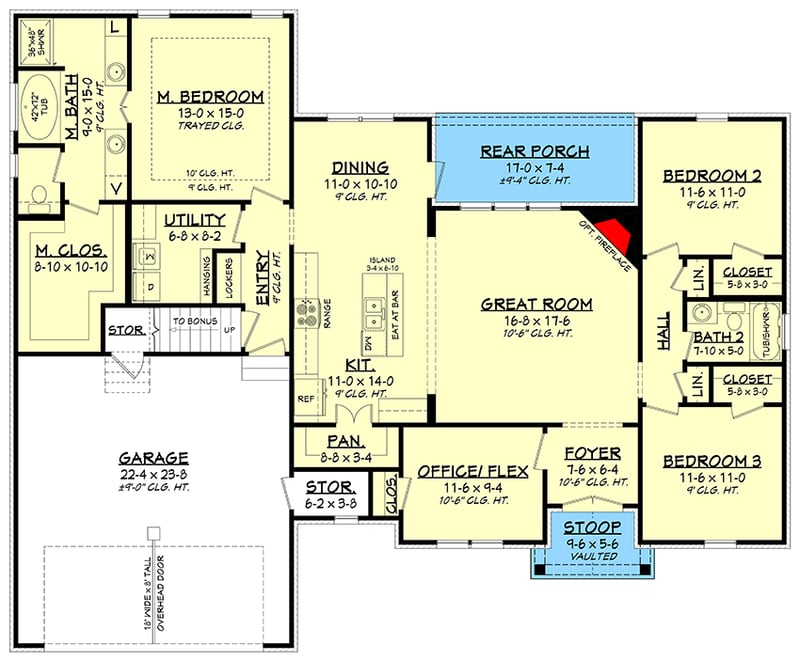 Plan 11787HZ: French Country Cottage Plan With Bonus and Flex Room - 1842 Sq Ft - Floor Plan - Main Level - Cottage, Country, European, French Country, Southern, Traditional