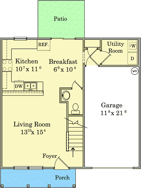 Plan 11909LW: Two-Story House Plan with Quaint Covered Porch - 1386 Sq Ft - Floor Plan - Main Level - Traditional
