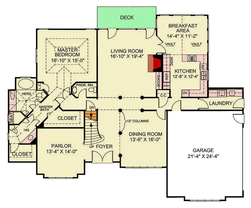 Plan 12147JL: Grand European Traditional House Plan with Main Level Master and Two-Story Great Room - Floor Plan - Main Level - European, Traditional