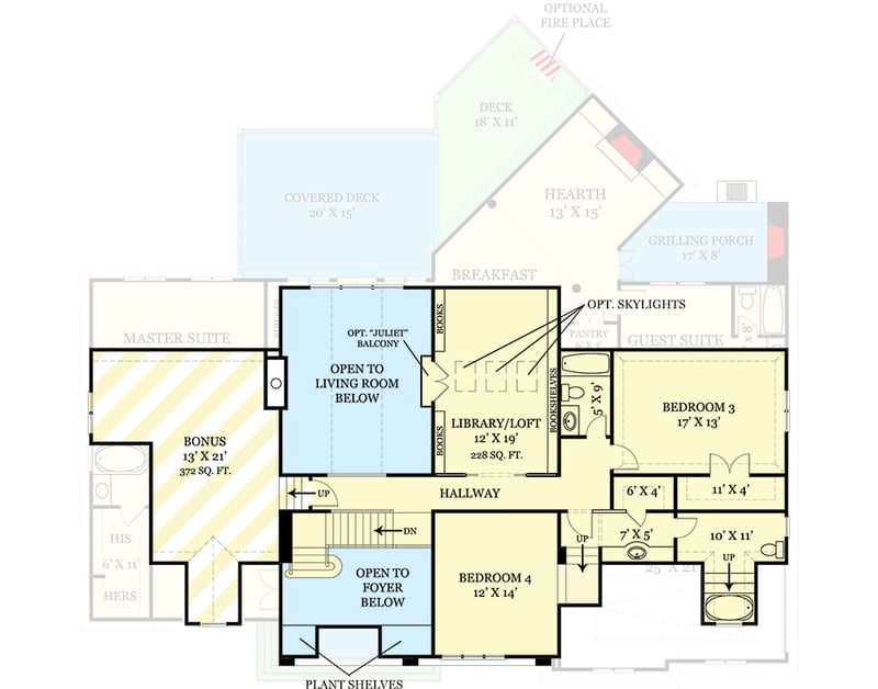 Plan 12221JL: Craftsman New American House Plan with Main-Level Master and Two-Story Great Room - Floor Plan - 2nd Floor - Craftsman, New American, Traditional