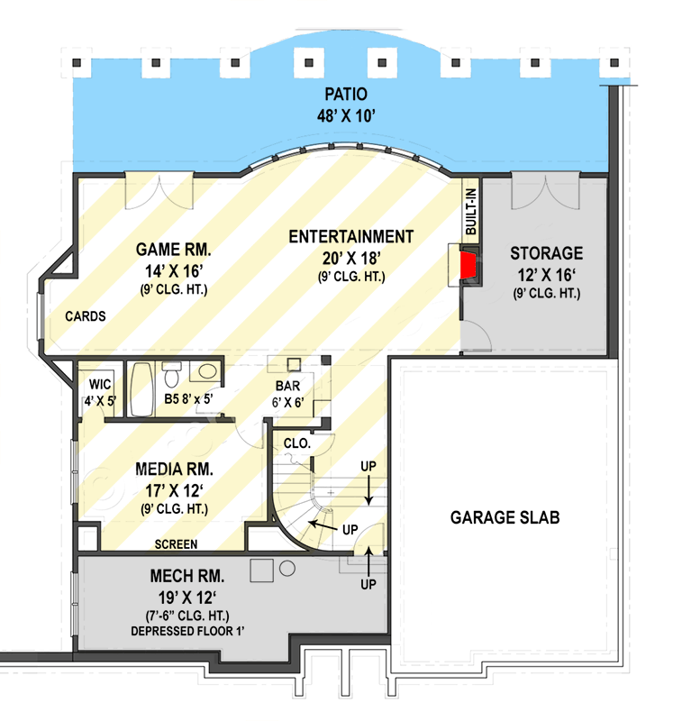 Plan 12237JL: Luxury Tuscan House Plan with 5 Bedrooms and Optional Finished Lower Level - 3073 Sq Ft - Floor Plan - Lower Level - Optionally Finished Walkout Basement - European, Mediterranean, Spanish, Tuscan